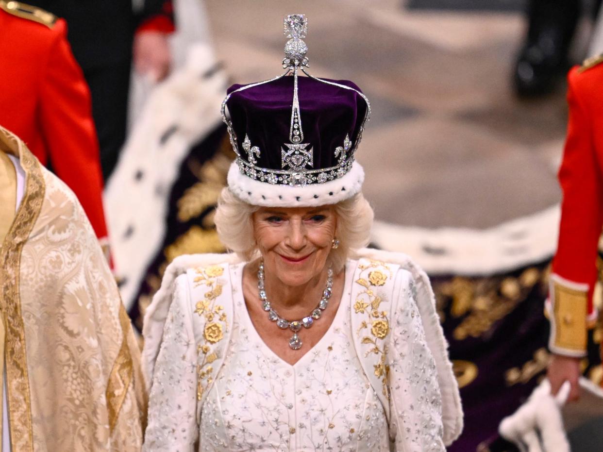 Queen Camilla smiles at the coronation on May 6, 2023.