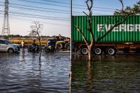 Vehicles move through a flooded road at an area affected by land subsidence and rising sea level, in Semarang