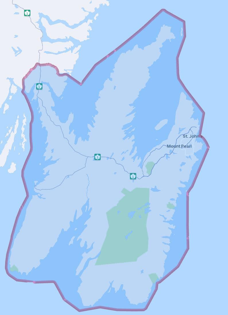 Uber's coverage area for Newfoundland, so far, includes the entire Avalon Peninsula. 