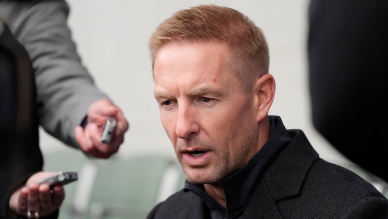 NFL Football Network talent Joel Klatt is interviewed after a Play Football Prospect Clinic with Special Olympics athletes, Wednesday, April 24, 2024, in Detroit.