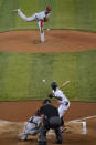 Philadelphia Phillies' Ramon Rosso, top, pitches to Miami Marlins' Jazz Chisholm during the third inning of the first game of a baseball doubleheader, Sunday, Sept. 13, 2020, in Miami. (AP Photo/Wilfredo Lee)