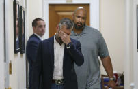 Michael Fanone, left, a Washington Metropolitan Police Department officer who was attacked and beaten during the Jan. 6, attack on the Capitol, and Harry Dunn, a U.S. Capitol Police officer who faced the rioters, leave a meeting with House Minority Leader Kevin McCarthy, R-Calif., at the Capitol in Washington, Friday, June 25, 2021. House Speaker Nancy Pelosi announced Thursday she's creating a special committee to investigate the attack by a mob of Trump supporters who sought to interrupt the certification of Joe Biden's presidential election victory. (AP Photo/J. Scott Applewhite)