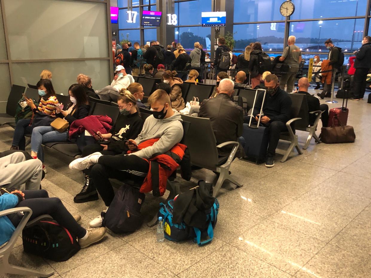 Waiting game: Wizz Air passengers at Krakow airport in Poland before the quarantine deadline  (Simon Calder)