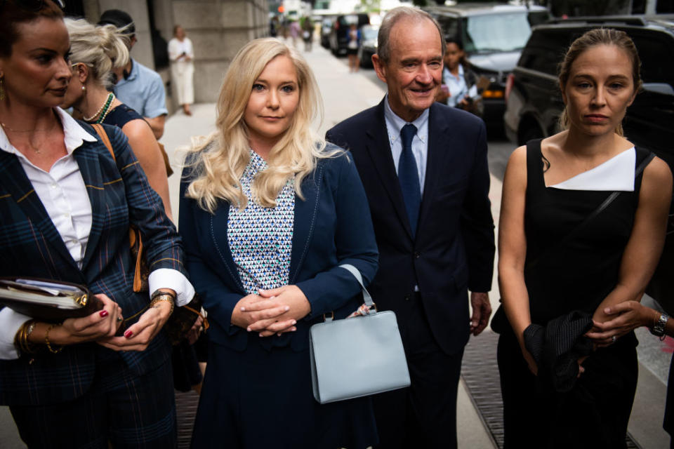 David Boies, representing several of Jeffrey Epstein's alleged victims, center, arrives with Annie Farmer, right, and Virginia Giuffre, alleged victims of Jeffrey Epstein, second left, at federal court in New York, U.S., on Tuesday, Aug. 27, 2019. | Mark Kauzlarich – Bloomberg/Getty Images