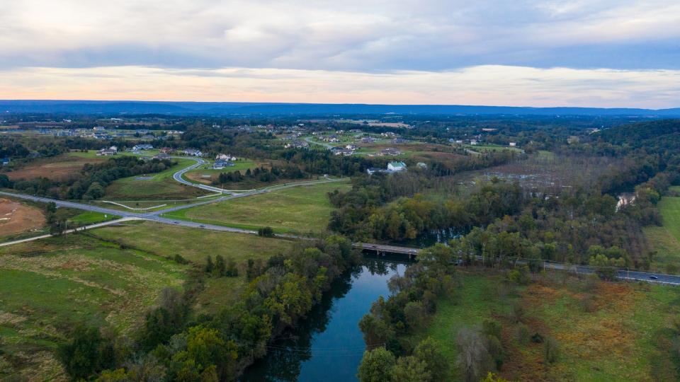 Hershey Pennsylvania USA Drone Aerial View Swatara Creek Farm Land.