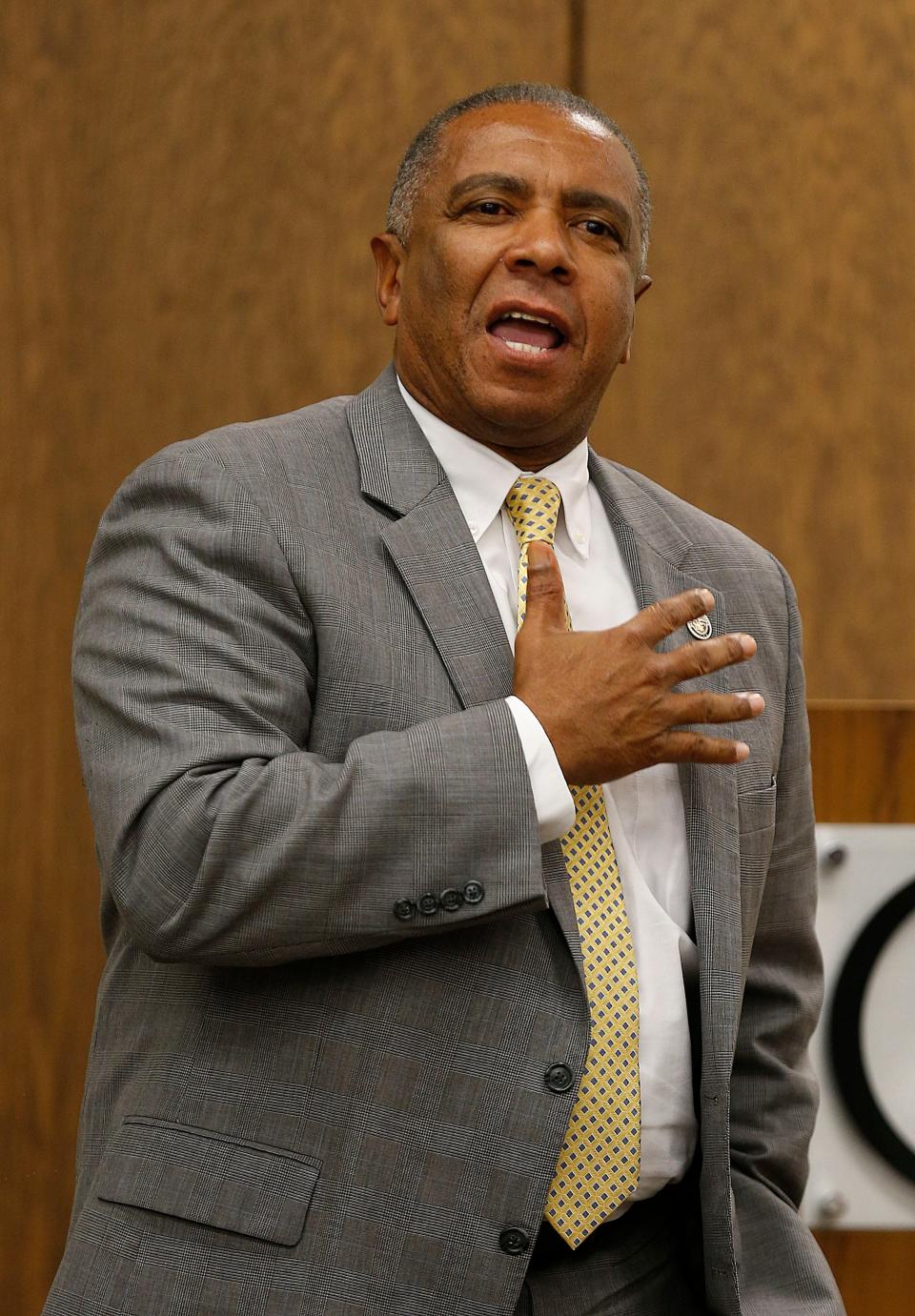 Assistant U.S. Attorney Abe McGull speaks at the Springfield Public Schools Advisory Board meeting at the Community Foundation of the Ozarks on Aug. 6, 2019 in Springfield, Mo.