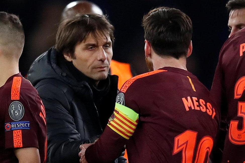 Antonio Conte shakes hands with Barcelona star Lionel Messi after the match: Reuters/Eddie Keogh