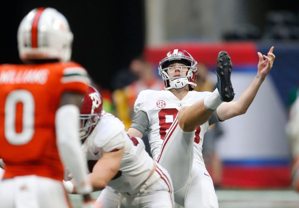 Sep 4, 2021; Atlanta, Georgia, USA;  Alabama punter James Burnip (86) punts against Miami at Mercedes-Benz Stadium. Alabama defeated Miami 44-13. Mandatory Credit: Gary Cosby-USA TODAY Sports