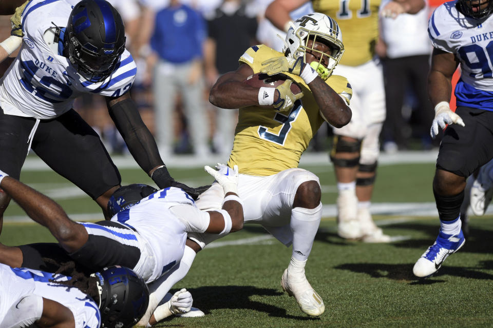 Georgia Tech running back Hassan Hall (3) carries the ball for a gain of 7-yards during the first half of an NCAA college football game against Duke, Saturday, Oct. 8, 2022, at Bobby Dodd Stadium, in Atlanta. (Daniel Varnado/Atlanta Journal-Constitution via AP)