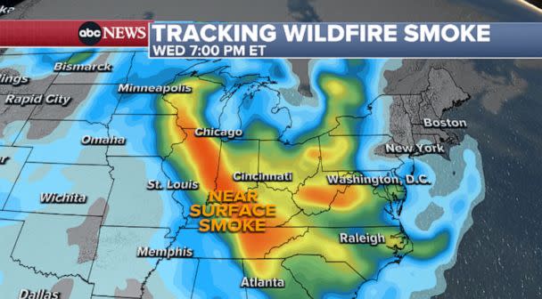 PHOTO: Near-surface smoke is expected to stretch from Wisconsin to Kentucky and into the Carolinas Wednesday evening. (ABC News)