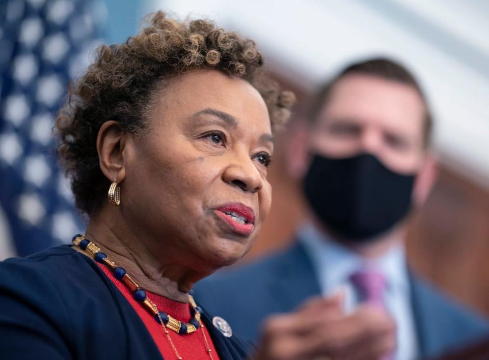 Rep. Barbara Lee, D-Calif speaks at a news conference at the Capitol in Washington, Wednesday, Feb. 23, 2022. Lee filed paperwork Wednesday, Feb. 15,  to enter the race for the seat held by long-serving Sen. Dianne Feinstein, adding another Democrat and a nationally recognized Black woman to a growing field that already includes two other members of Congress.