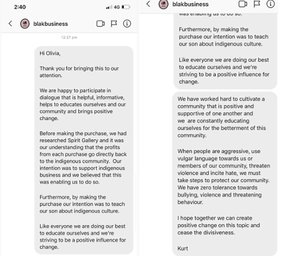 Kurt's response to BlakBusiness via Instagram DMs