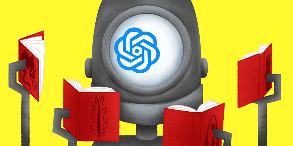 An animated illustration of a robot with a giant eye made from the Chat gpt logo. The robot is holding 4 books with science fiction themed covers, and the eye is animated to look at each book.