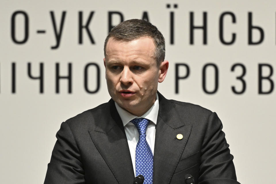 Ukraine's Finance Minister Sergii Marchenko delivers a speech during the Japan-Ukraine Conference for Promotion of Economic Growth and Reconstruction at Keidanren Kaikan in Tokyo Monday, Feb. 19, 2024. (Kazuhiro Nogi/Pool Photo via AP)