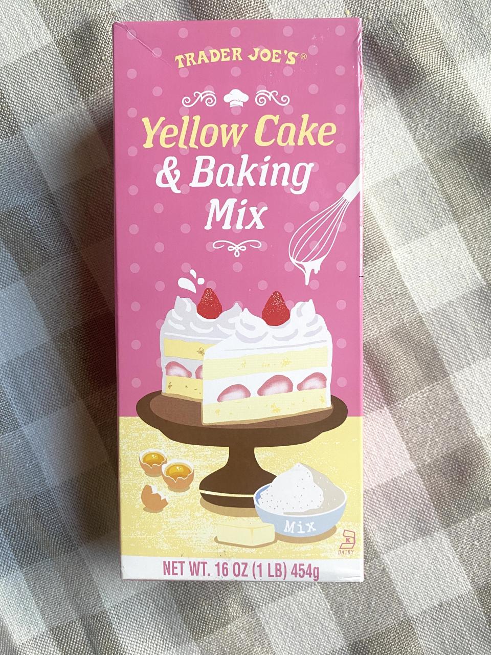 a box of trader joe's yellow cake mix