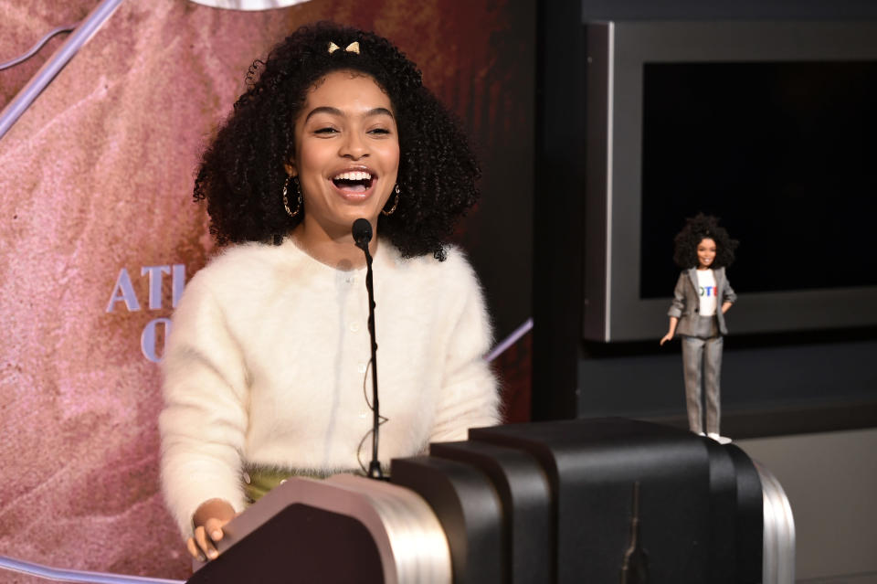 Actress Yara Shahidi celebrates Barbie’s 60th Anniversary & International Women’s Day at The Empire State Building on March 8, 2019 in New York City. (Photo by Steven Ferdman/Getty Images)