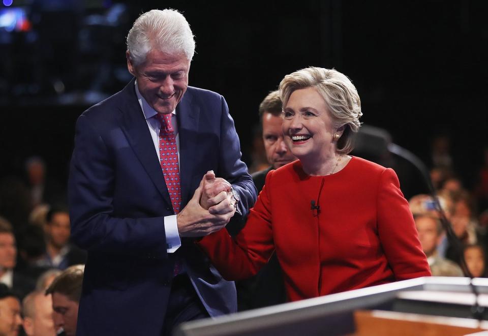 Hillary Clinton holds her husband’s hand after the first presidential debate against Donald Trump in New York, September 2016.