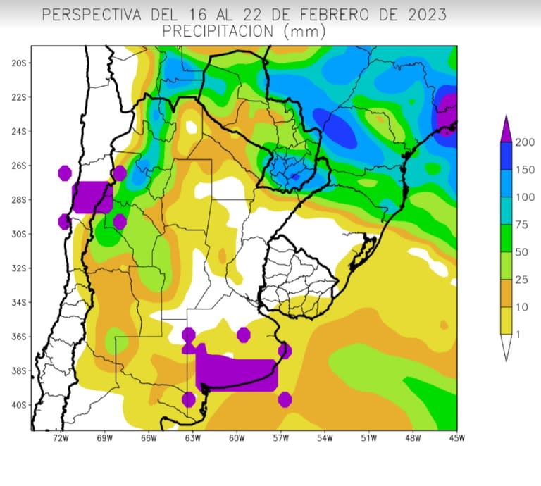 Las perspectivas de precipitaciones del 16 al 22 de febrero, escasas sobre la zona agrícola núcleo (en blanco)