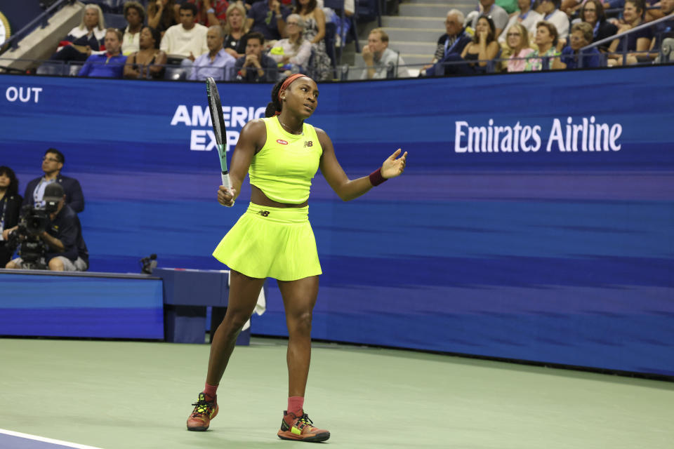 Coco Gauff, of the United States, reacts during a match against to Laura Siegemund, of Germany, at the first round of the U.S. Open tennis championships, Monday, Aug. 28, 2023, in New York. (AP Photo/Jason DeCrow)