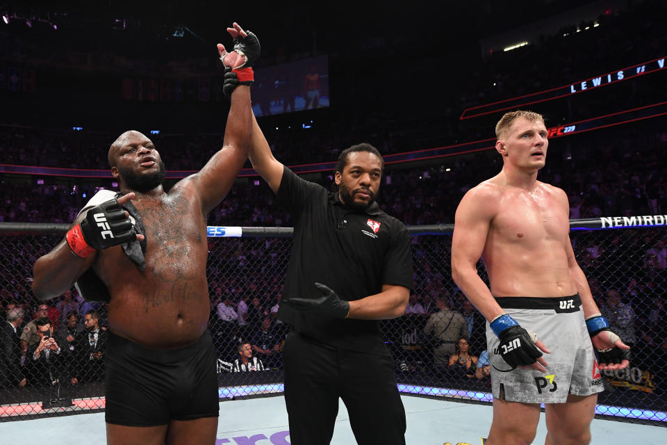 Derrick Lewis raises his hand in victory over Alexander Volkov of Russia in their heavyweight bout during the UFC 229 event inside T-Mobile Arena on Oct. 6, 2018 in Las Vegas, Nevada. (Getty Images)