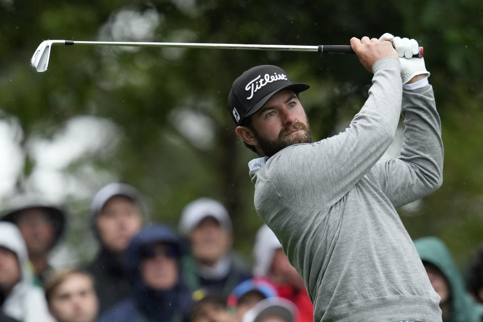 FILE - Cameron Young watches his tee shot on the fourth hole during the weather delayed third round of the Masters golf tournament at Augusta National Golf Club on Saturday, April 8, 2023, in Augusta, Ga. Young is expected to compete in the PGA Championship next week at Oak Hill Country Club in Pittsford, N.Y. (AP Photo/Mark Baker, File)