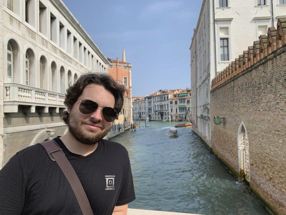 This 2019 photo provided by Mercedes Lemp shows Duncan Lemp in Venice, Italy. Lemp became a martyr for an anti-government movement after a police officer shot and killed the 21-year-old man during a pre-dawn raid on his family’s Maryland home in March. The shooting has galvanized a loose network of gun-toting extremists promoting the “boogaloo a slang term for a second civil war or collapse of civilization. (Mercedes Lemp via AP, File)