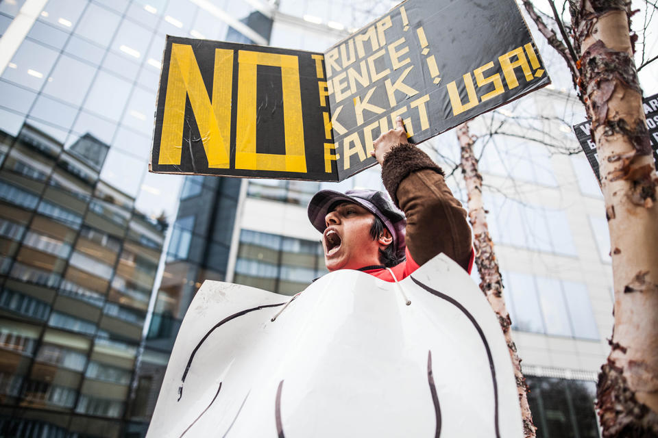 <p>People demonstrate against U.S. President Donald Trump during U.S. Vice President Mike Pence’s visit in Brussels, Feb. 20, 2017. (Photo: Kevin Van den Panhuyzen/NurPhoto via Getty Images) </p>