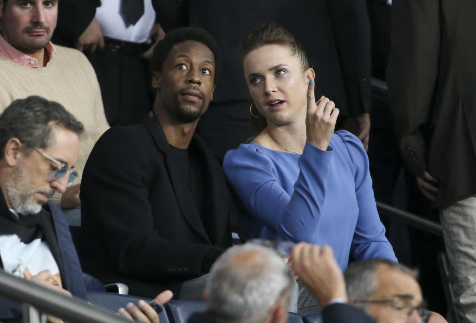 Gael Monfils and Elina Svitolina, pictured here at a football game between Paris Saint-Germain and Olympique Lyonnais.