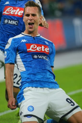 Polish forward Arkadiusz Milik celebrates after scoring his first goals for Napoli this season