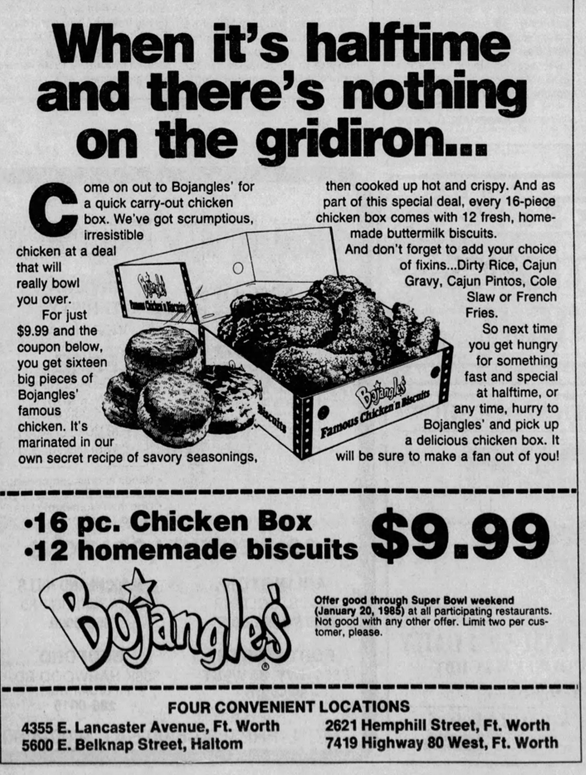 A coupon for Bojangles can be found in the pages of the Fort Worth Star-Telegram newspaper from December 27, 1984.