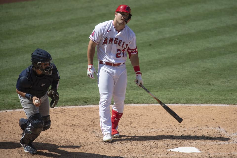 Angels slugger Mike Trout reacts after striking out against the Seattle Mariners.