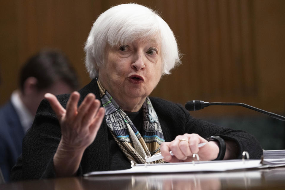 Treasury Secretary Janet Yellen testifies before the Senate Finance Committee about President Joe Biden's proposed budget request for the fiscal year 2024, Thursday, March 16, 2023, on Capitol Hill in Washington. (AP Photo/Jacquelyn Martin)