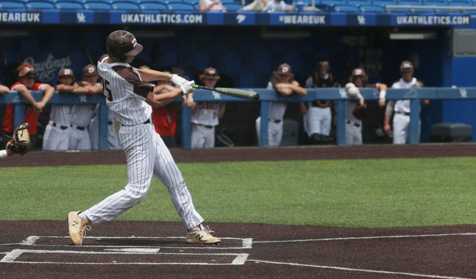 DeSales’  Carmine Fichetola gets a hit against Woodford County.June 2, 2022