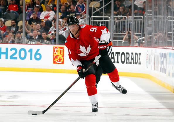 PITTSBURGH, PA - SEPTEMBER 14: Steven Stamkos #91 of Team Canada handles the puck against the Team Russia at Consol Energy Center on September 14, 2016 in Pittsburgh, Pennsylvania. (Photo by Gregory Shamus/World Cup of Hockey via Getty Images)