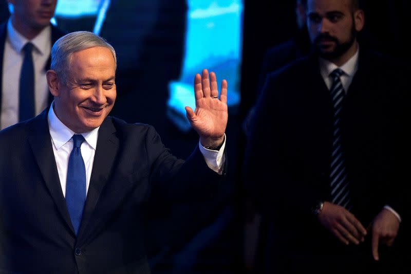 FILE PHOTO: Israeli Prime Minister Benjamin Netanyahu speaks to his supporters at a Likud party rally, in Ramat Gan