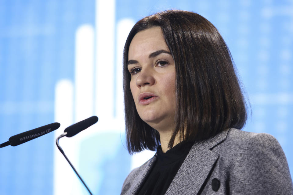 Belarus exiled opposition leader Sviatlana Tsikhanouskaya delivers a speech at the Warsaw Security Forum in Warsaw, Poland, Wednesday, Oct. 5, 2022. (AP Photo/Michal Dyjuk)