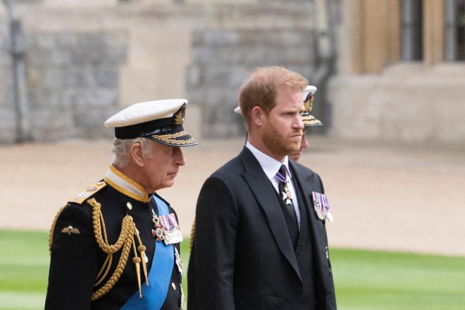 King Charles III and Prince Harry at St George’s Chapel inside Windsor Castle on September 19, 2022. POOL/AFP via Getty Images