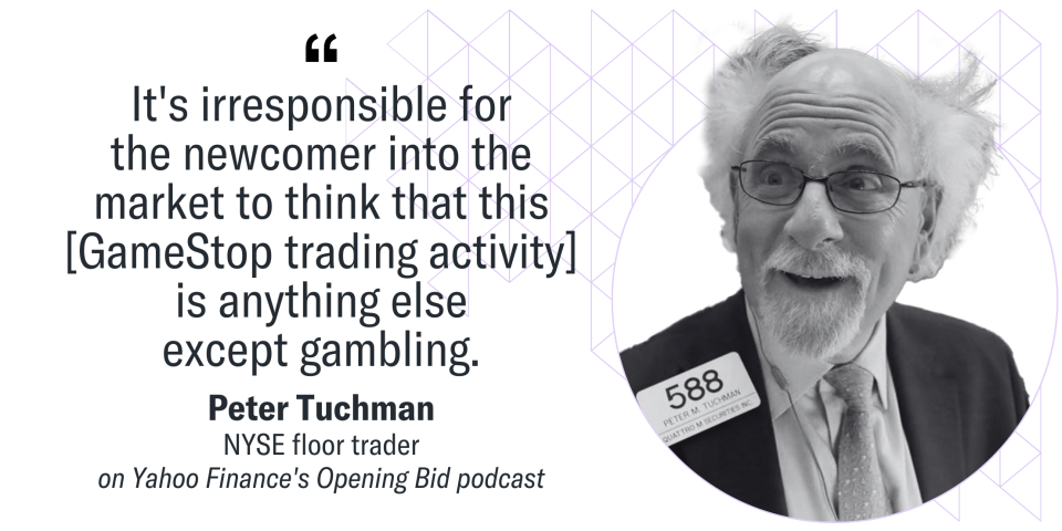 A quote by NYSE floor trader Peter Tuchman is featured next to a picture of him.