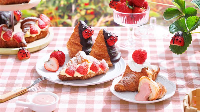 八月堂草莓季限定商品「瓢蟲美莓可頌」、「草莓寶石可頌」、「草莓卡士達」12月1日起全台門市開賣。（圖／八月堂提供）