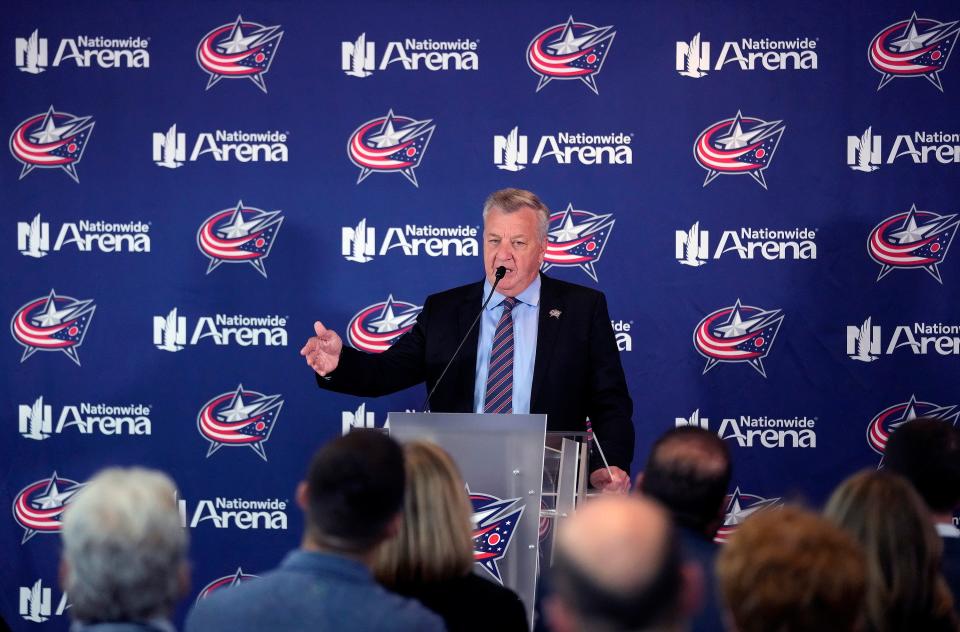 May 29, 2024; Columbus, OH, USA; Don Waddell has been hired as president of hockey operations and general manager for the Columbus Blue Jackets during a media press conference at Nationwide Arena.