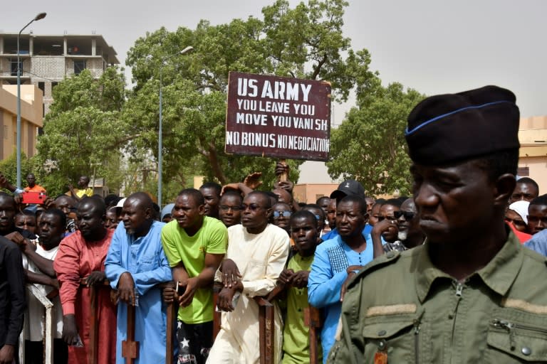 Protesters urge US troops to leave Niger during a demonstration in Niamey on April 13, 2024 (-)