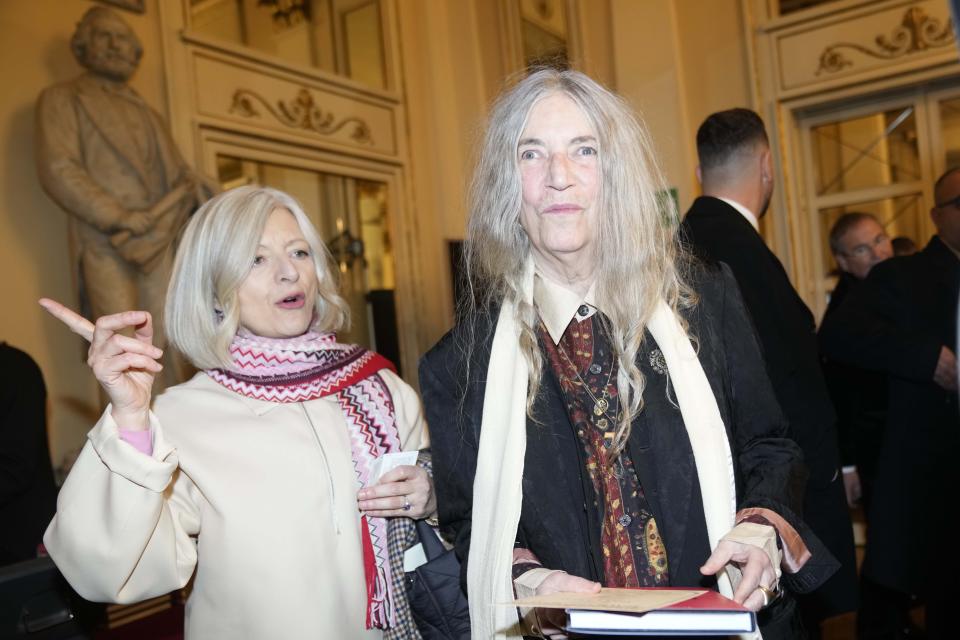 Patti Smith arrives to attend La Scala opera house's gala season opener, Giuseppe Verdi's opera 'Don Carlo' at the Milan La Scala theater, Italy, Thursday Dec. 7, 2023. The season-opener Thursday, held each year on the Milan feast day St. Ambrose, is considered one of the highlights of the European cultural calendar. (AP Photo/Luca Bruno)