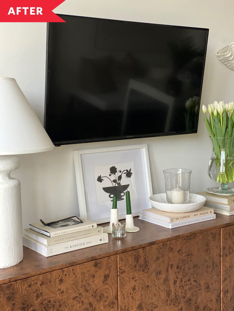 IKEA console after makeover with burl contact paper