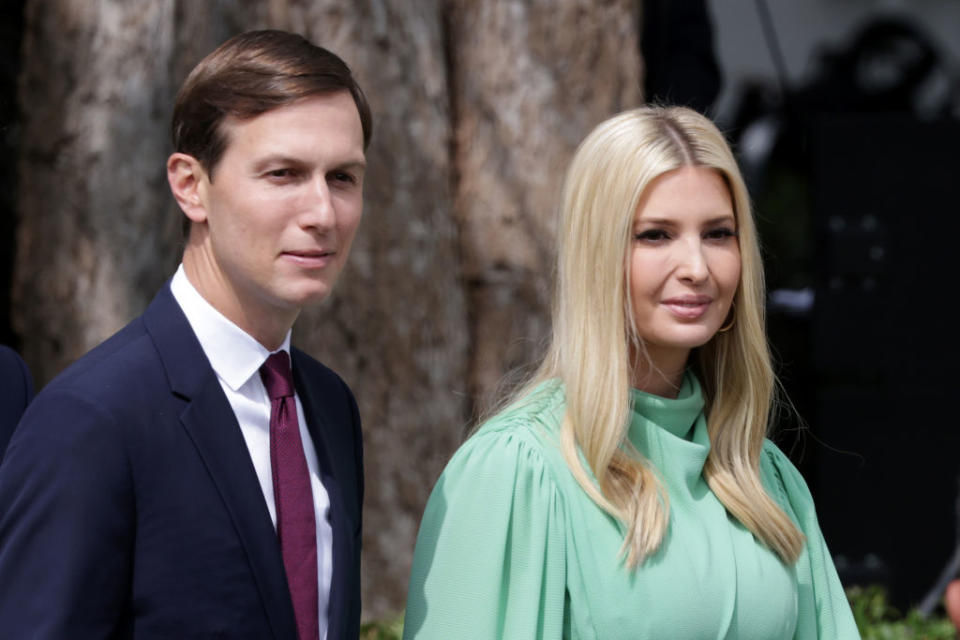 Special adviser to the president Jared Kushner (L) and Ivanka Trump arrive to the signing ceremony of the Abraham Accords on the South Lawn of the White House  in Washington, DC. 