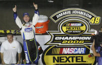 FILE - In this Nov. 19, 2006, file photo, 2006 NEXTEL Cup Series Champion Jimmie Johnson celebrates following the season finale Ford 400 auto race at Homestead-Miami Speedway in Homestead, Fla. Jimmie Johnson is the latest NASCAR superstar to climb out of his car, with the seven-time champion announcing Wednesday, Nov. 20, 2019, that 2020 will be his final season of full-time racing. (AP Photo/David Graham, File)