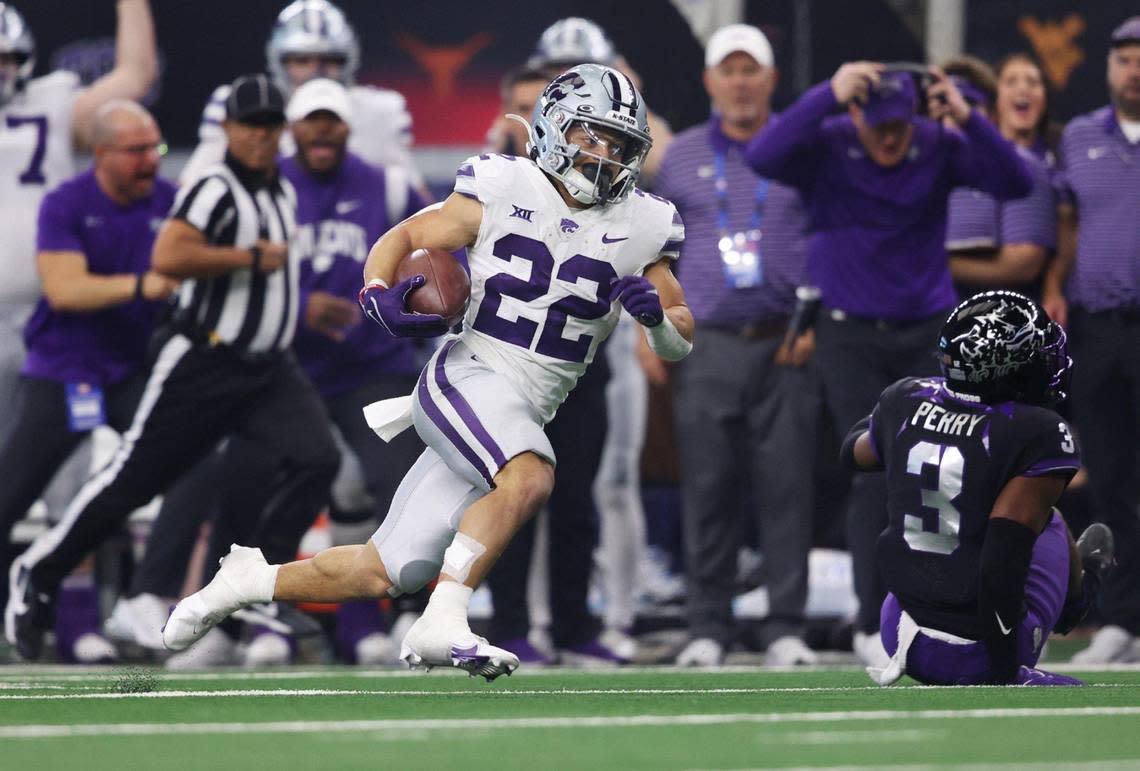 Kansas State running back Deuce Vaughn runs the ball for a touchdown against TCU during the 2022 Dr. Pepper Big 12 Championship on Saturday, December 3, 2022.