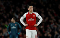 <p>Soccer Football – Europa League Semi Final First Leg – Arsenal vs Atletico Madrid – Emirates Stadium, London, Britain – April 26, 2018 Arsenal’s Mesut Ozil looks dejected Action Images via Reuters/Andrew Couldridge </p>