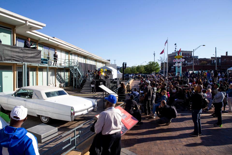 Martin Luther King III speaks from the spot where his father was assassinated on April 4, 1968, during the “Remembering MLK: The Man. The Movement. The Moment.” event on Thursday, April 4, 2024, in front of the National Civil Rights Museum in Memphis. The event celebrated the life and legacy of Martin Luther King Jr. on the 56th anniversary of his assassination at the Lorraine Motel in Memphis.