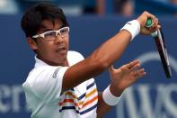 Aug 16, 2018; Mason, OH, USA; Chung Hyeon (KOR) returns a shot against Juan Martín del Potro (ARG) in the Western and Southern tennis open at Lindner Family Tennis Center. Aaron Doster-USA TODAY Sports