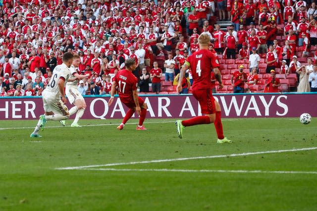 Belgium’s Kevin De Bruyne scores in Euro 2020 against Denmark